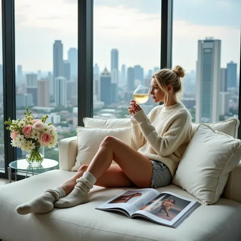  The image portrays a relaxing scene in an indoor environment with a panoramic view of a modern city.  A woman is seated on a white soft-fabric sofa .  She wears a sweater of mandible long white shorts and short gray shorts ,  complementing the look with t...