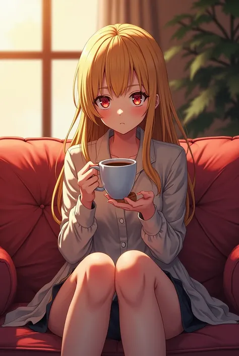  an adult woman , with a serious look,  sitting on a sofa,  having a coffee , blonde,  long hair ,  Red Eyes, anime version