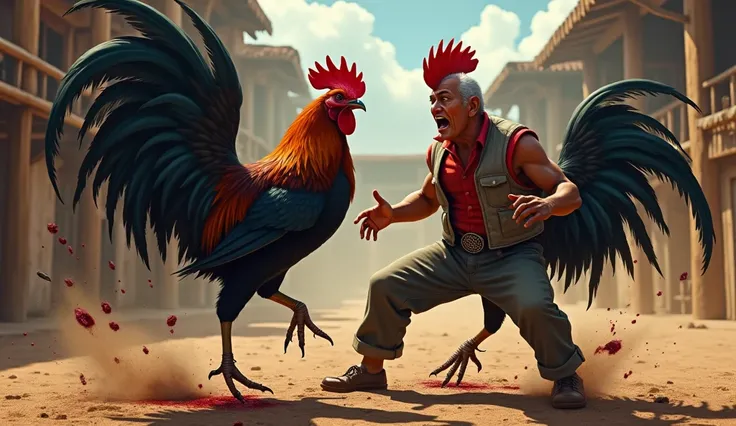 The defeat of the roosters of Alfredo Contreras :  Arturo Morales black rooster destroys a rooster of great lineage ,  while Alfredo Contreras observes with disbelief .  The scene should have a dramatic contrast between the violence of the fight and Contre...