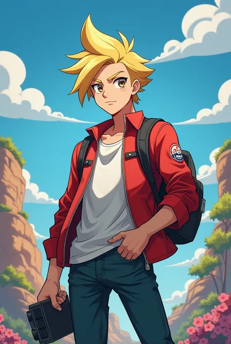 Blonde male photographer in an arrogant and confident pose with anime design and Pokémon trainer 