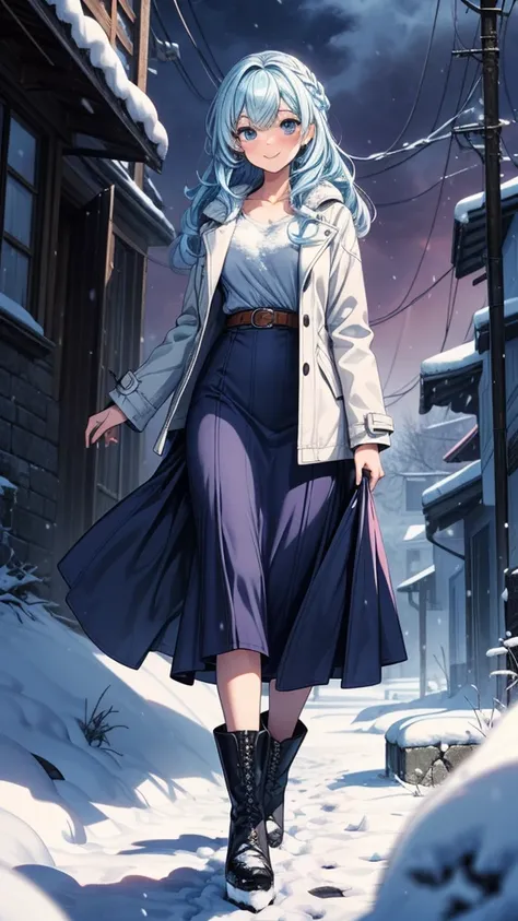 ((masterpiece, best quality:1.3, high detail)), beautiful woman looking at viewer, smile, blush, long wavy hair, (light blue hair), hairpin, bright blue eyes, dark blue, (long white coat), (((long skirt))), pencil skirt, belt, boots, collarbone, ((atmosphe...