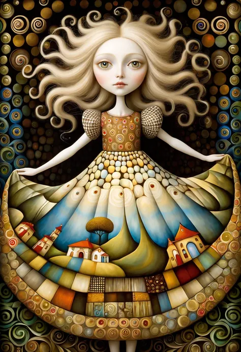 Patchwork por Klimt, nicoletta ceccoli, Naoto Hattori, Lawrence Didier, Leonora Carrington as European Woman, roasted fine, ash blonde hair, light dress.  is on top of a gentle hill from where you can see the sea and the forests of trees of many colors,  s...