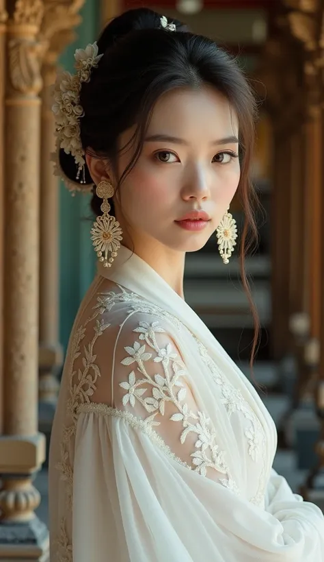 A beautiful woman, face of indonesia chinese,  wearing balinese clothes white colors, in bali temple, 