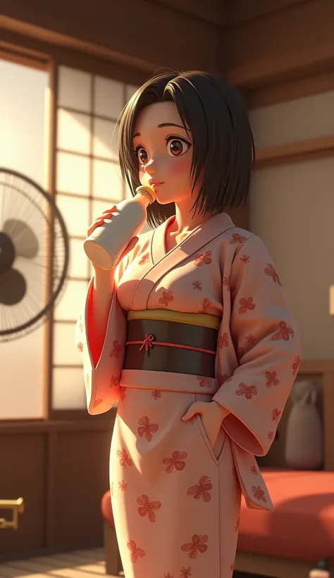 3D animation, theme "Japanese Yukata", Japanese hot spring inn recreation room, woman in yukata after bathing, towel around neck, one hand on hip, legs shoulder width apart, standing with legs apart, looking slightly upwards, drinking milk from a bottle, t...