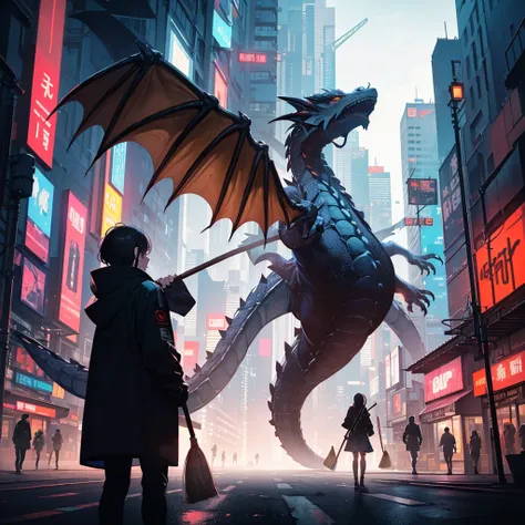 (masterpiece,  illustrations,  top quality :1.2),   Details,  complicated, 8k,  high definition ,  cinematic lighting,  sharp concentration , photograph, , ( dragon ,  dragon  holding broom, holding broom,  dragon  sweeping road with broom:1.2), broom, Mul...