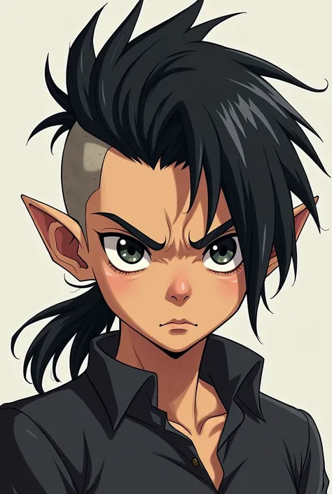 Short  boy with black hair has a side part in his hair the other side is shaved and has a long low pony tail on the back and has pointy ears and looks pissed 