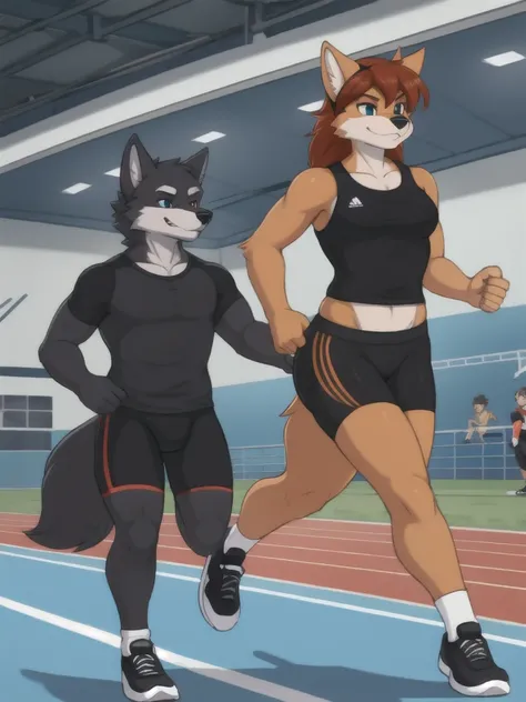 Furry, wolf, female, male, couple, black shirt, black spandex bike shorts, shoes, indoor running track, teen, competitor, full body