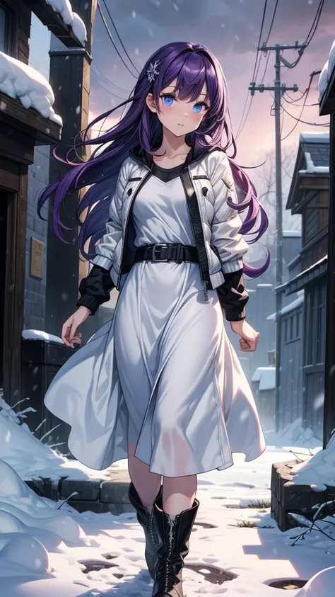 ((masterpiece, best quality:1.3, high detail)), beautiful woman looking at viewer, long hair, (purple hair), hairpin, bright blue eyes, (white jacket), (((long skirt))), black pencil skirt, belt, boots, collarbone, ((atmospheric)), stone, (snow), ruins, wi...