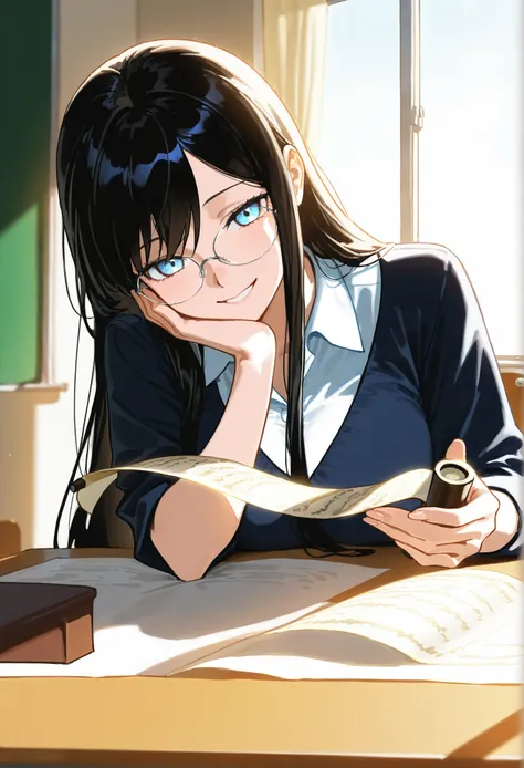 Long-haired, black-haired woman, Medusa, keeping the same look with glasses , is in a classroom full of ren , teaching mathematics . She shows a concentrated look while holding a scroll, explaining a mathematical concept . The ren are attentive and engaged...