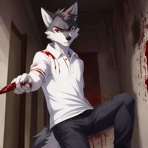 Furry male anthropomorphic wolf with red eyes, teenager age 16, straight face, head tilt, white polo shirt, blood stain, holding knife, dark Japanese school hallway, black jeans with blood stains, high-quality, horror scene