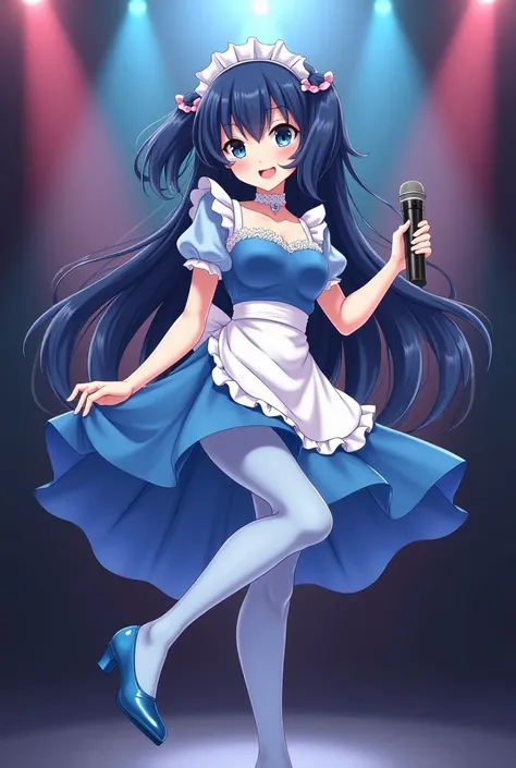 (Masterpiece, Anime Style, Best quality) 2D illustration, professional work, trending on pixiv, Japanese Idol anime, Perfect fingers, perfect arms. posing sensually. hot girl, singing. alone on a stage. full body. dark blue hair. long and lush hair. dark b...