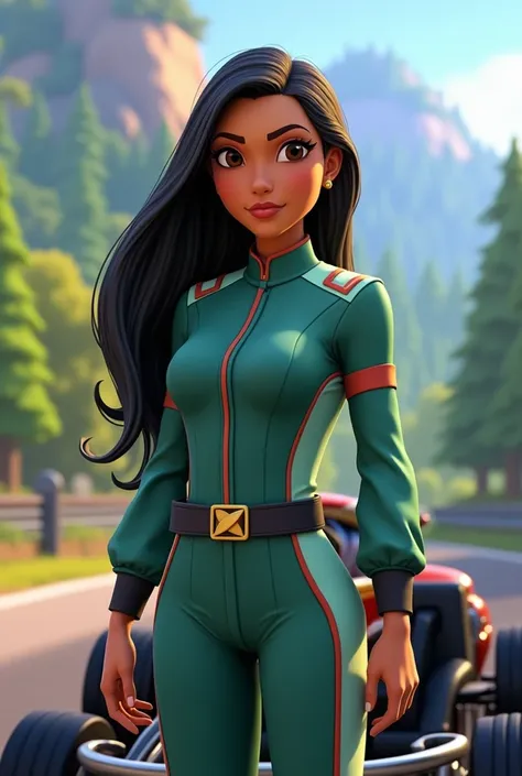 Video game character menu for Disney Princess kart Racers, princess Pocahontas in racer jacket and gear in her colors, standing next to her vehicle with characteristics of beauty and the beast, 