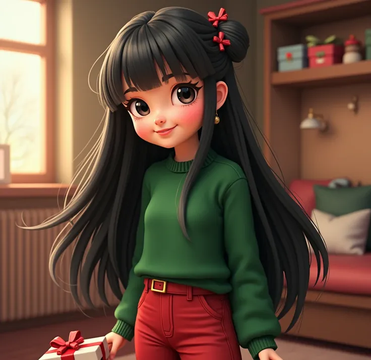 An adult woman with long straight black hair ,  dressed in a green sweater and red pants,  with Christmas presents , happy, smiling,  high resolution,  long hair,  looking at the spectator , smile,  black eyes, black hair, Christmas hair ornament ,Earrings...