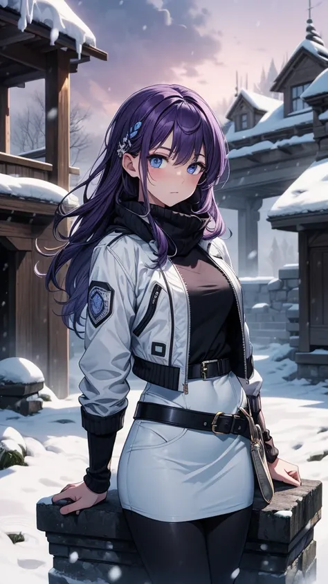 ((masterpiece, best quality:1.3, high detail)), beautiful woman looking at viewer, long hair, (purple hair), hairpin, bright blue eyes, (white jacket), (long skirt), black pencil skirt, belt, boots, ((atmospheric)), stone, (snow), ruins, winter, purple sky...