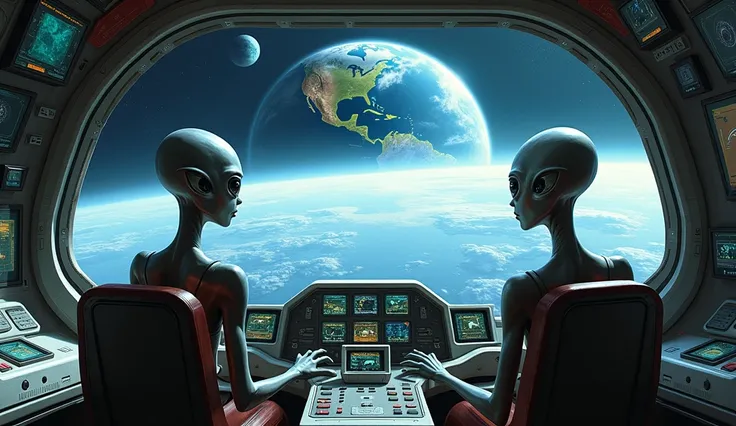  two gray aliens inside the cockpit of a spaceship full of screens, In the background of the front window you can see planet Earth 