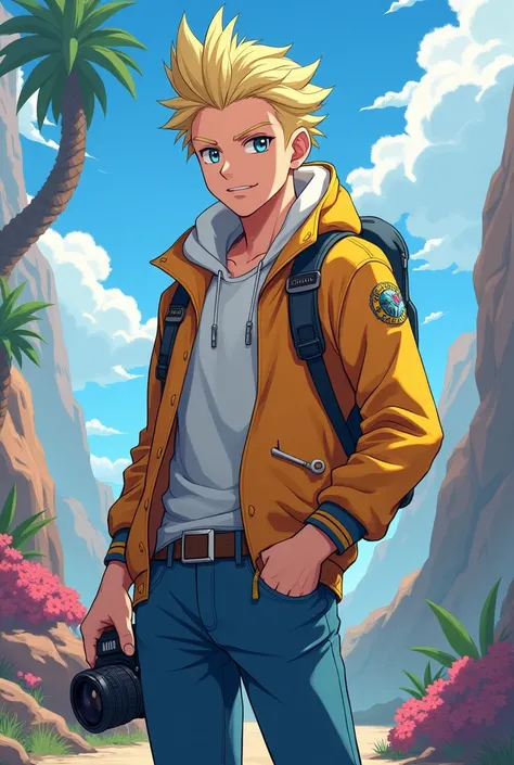 Blonde male photographer in an arrogant and confident pose with anime design and Pokémon trainer 