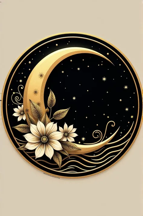  I need you to generate a logo that is round with a moon that has floral details in the Rococo style and that contains gold and black colors.  Around the moon some soft and curved lines , like waves but in golden colors .  That has a constellation of stars...