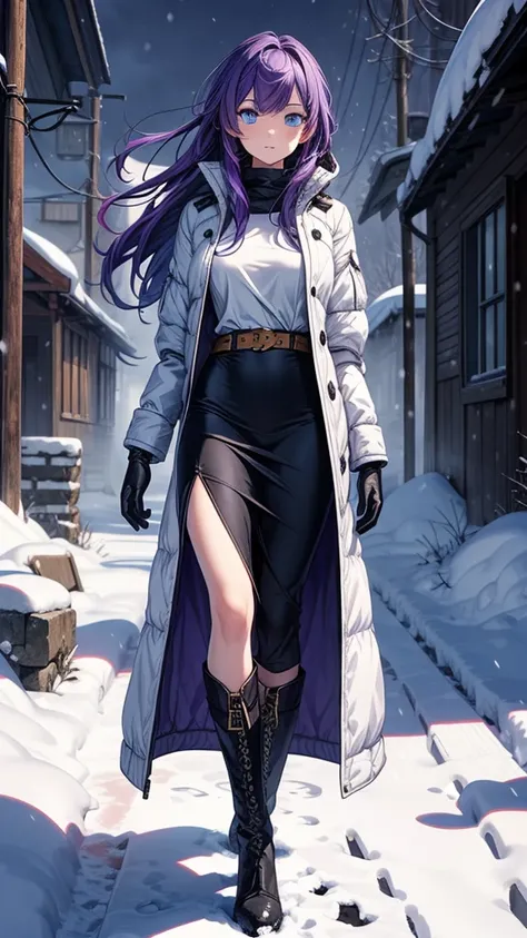 ((masterpiece, best quality:1.3, high detail)), beautiful woman looking at viewer, long hair, (purple hair), hairpin, bright blue eyes, (white jacket), (long skirt), black pencil skirt, belt, boots, gloves, ((atmospheric)), stone, (snow), ruins, winter, pu...