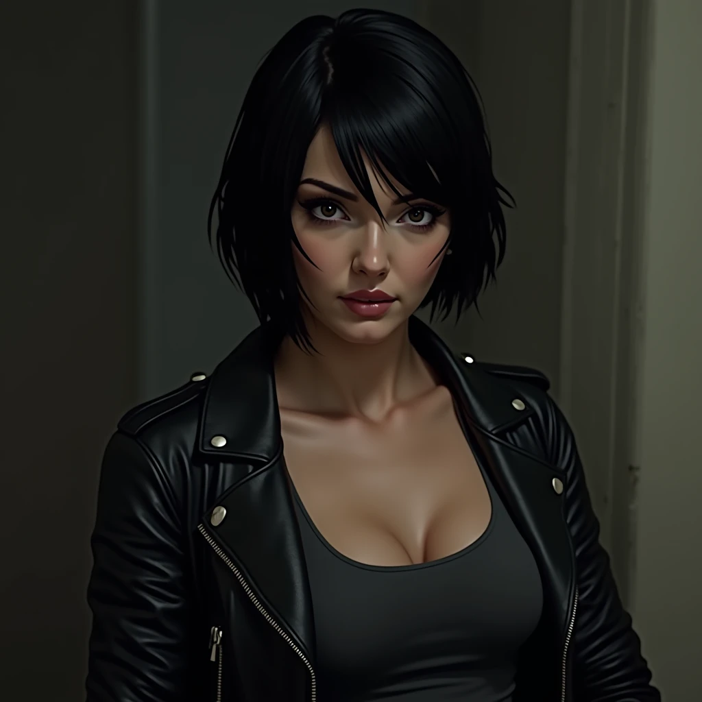 woman, 21 years old,  defined muscles ,  short black hair,  strong features with prominent cheekbones and a square chin,  dark brown eyes ,  dressed in a tank top and a leather jacket , cold and mysterious expression .