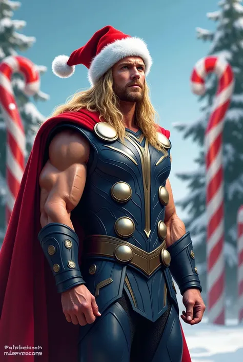 Create an image of Thor character from the movie Avengers wearing a Christmas hat and a North Pole background