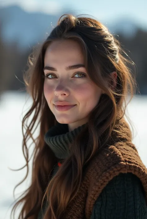 photorealistic ,   ultra detailed ,  Beautiful Viking woman , portrait photo, only,  looking at the camera, standing,   beautiful city with scene &#39;, light scene , noon light , winter without snow , l&#39; essence of true life,  brown hair , twenty year...