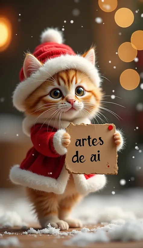 a little baby cat in Santa clothes holding a sign written: "ARTES DE AI", dancing happily, realistic image