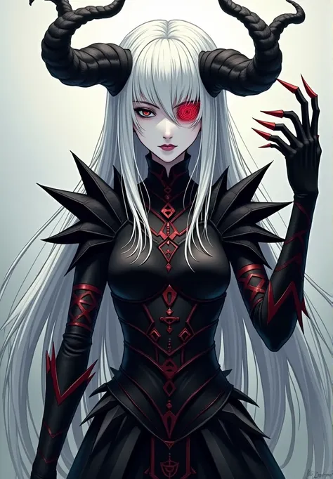 Xaraphon, The Soul Eater

Appearance:
- Pale white skin ,  life of her own
- Long, white hair that falls over your face ,  partially hiding it
- Two twisted black horns that protrude from your forehead ,  wallpaper resembling claws
- Your eyes are complete...