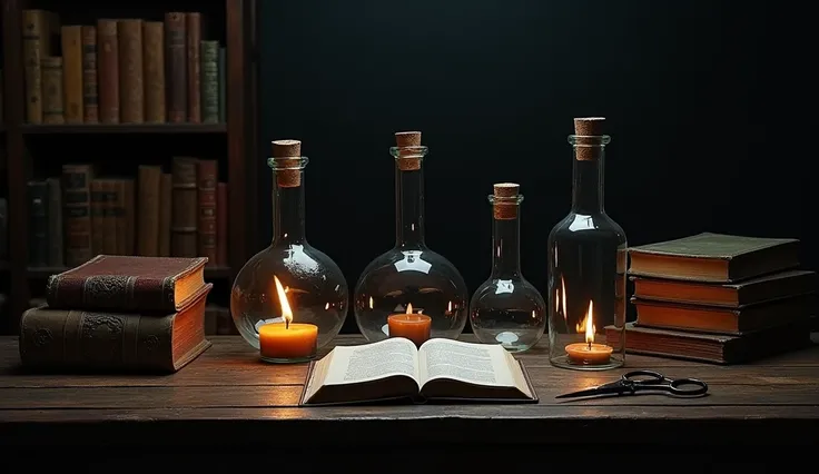 The image is a still life of a table with various objects on it. On the left side of the table, there is a bookshelf filled with old books. In the center, there are three glass flasks with cork stoppers, one of which is lit from within, and a small glass f...