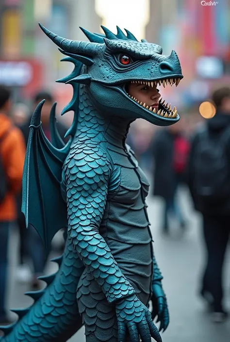 A teenager dressed as a gray dragon with blue stripes , the mouth of the costume is open, thus revealing the wearer who is inside the costume.