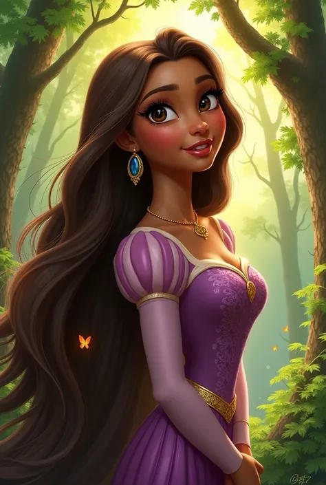 Rapuncel from Disney with tanned black hair and brown eyes