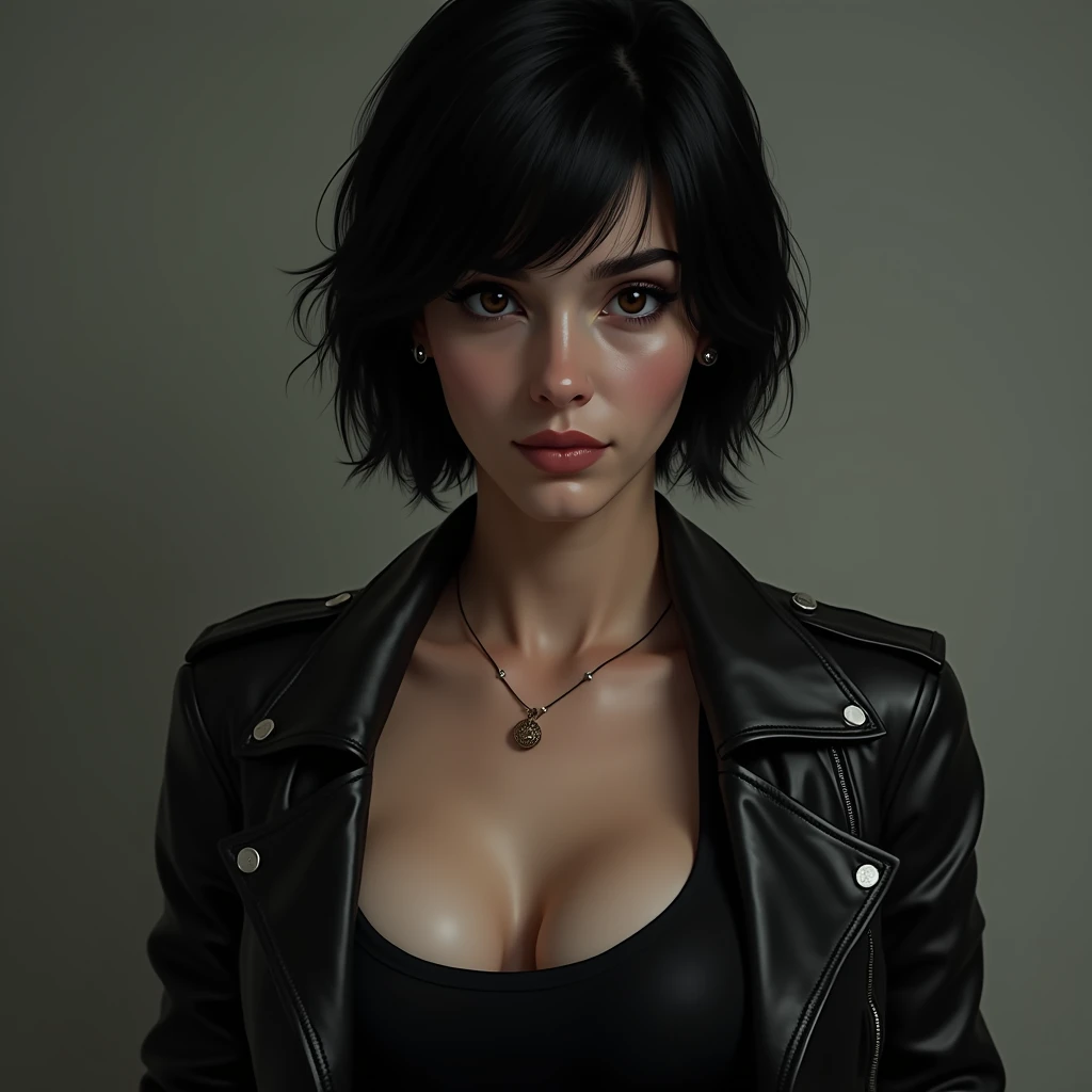 woman, 21 years old,  defined muscles ,  short black hair,  strong features with prominent cheekbones and a square chin,  dark brown eyes ,  dressed in a tank top and a leather jacket , cold and mysterious expression .