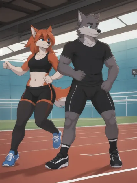 Furry, wolf, female, male, couple, black shirt, black spandex bike shorts, shoes, indoor running track, teen, competitor, full body