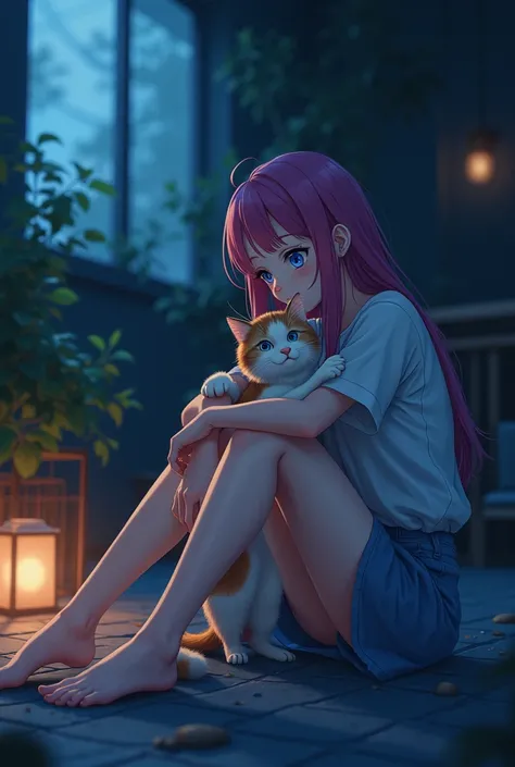 ANIME JIBI WOMAN SITTING IN A KNEE-HUGGING POSITION PLAYING WITH A CAT IN THE NIGHT LIGHT IS A VISUAL 45 DEGREE VIEW