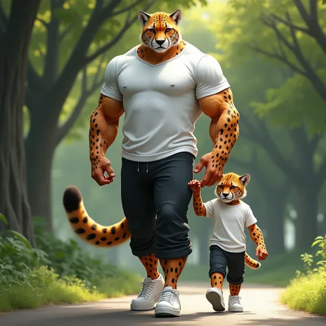 A humanoid body builder cheetah
 with his son walking in the park, wearing white shirts, black pants, and white rubber shoes, 8K1girl, High Resolution, Red Eyes, 