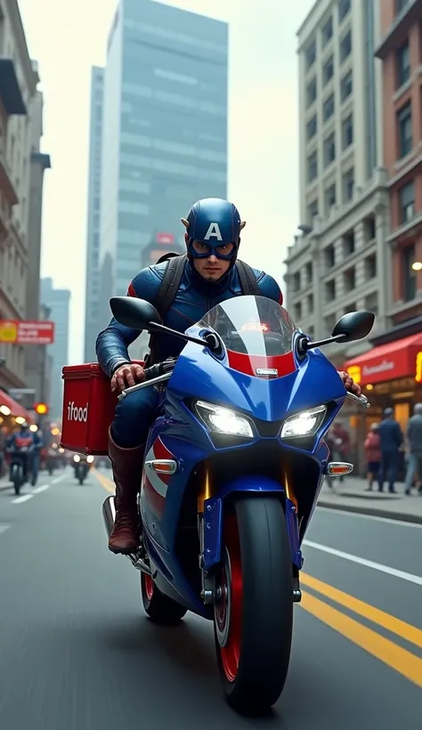  Captain America **  logo riding a blue motorcycle on a busy city street, with modern buildings in the background, carrying a red delivery backpack with the  "iFood" on the back.
