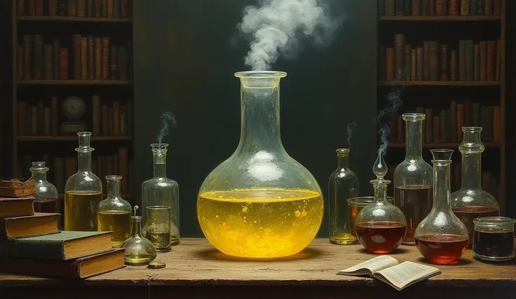 The image is a painting of a laboratory scene with various laboratory equipment. In the center of the image, there is a large glass flask with a yellow liquid inside, which appears to be a mixture of different types of liquids. The flask is placed on a woo...