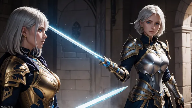 A female paladin stands with unyielding determination, her armored figure reflecting off the subtle gleam of gold and silver. Her armor is adorned with beautiful shoulder pauldrons, adding to her imposing appearance. Short white hair frames her face, provi...