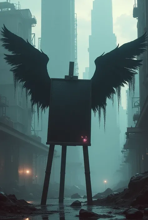 The black easel has a pair of black wings and is flying, sci-fi is already dark