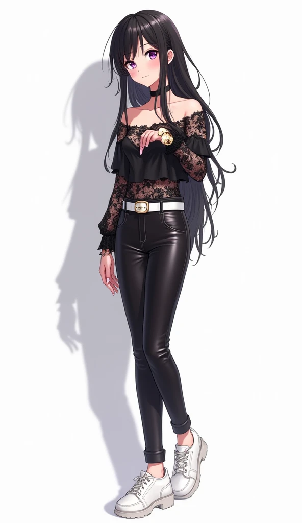 An anime teenage woman wearing a semitransparent black lace blouse,  decorated with floral details in shades of pink and beige with bare shoulders.  She wears tight pants made of leather or vinyl material in black color ,  combined with a white belt that h...