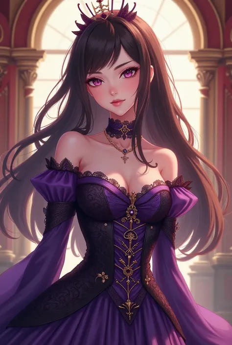 Anime girl with brown or black hair with lenses and purple and black princess clothes 