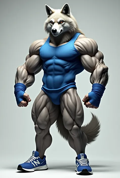 Hyper Wolf Colossal Muscle wearing a blue tank top and blue wristband and new balance sneakers flex muscles and colossal 