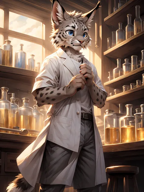 (gray fur:1.3), lynx, (young:1.3), shota, solo, paw pads details, cover page, top quality, paid reward available, unparalleled masterpiece, perfect artwork, Standing on a stool, Recording research, easygoing, white lab coat, Touching his chin and thinking,...