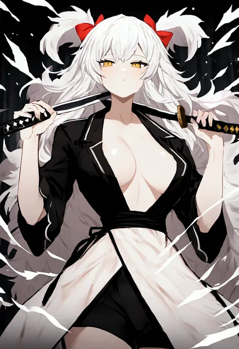 Long hair, fluffy white hair with white stripes, yellow eyes, big chest, holding a katana sword. 