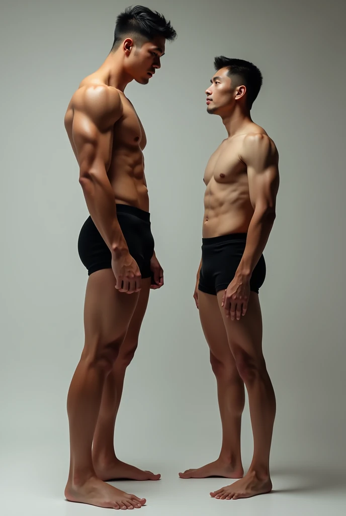 A tall handsome slightly pumped up Asian man in black boxers stands next to a short guy in black boxers 