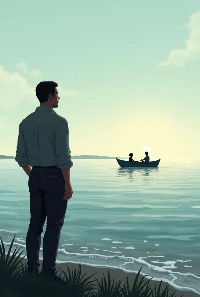 A man watching a couple go away in a closer boat 