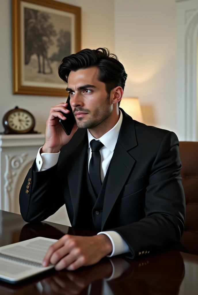 (photorealism:1.2), Handsome Italian young man, 30 years old, bright brown eyes. No facial hair. Wavy black hair, 62, slender but muscular figure. 3 piece Black jacket and tie and white shirt suit. Realistic. Sitting on in office, on a phone call, luxury d...