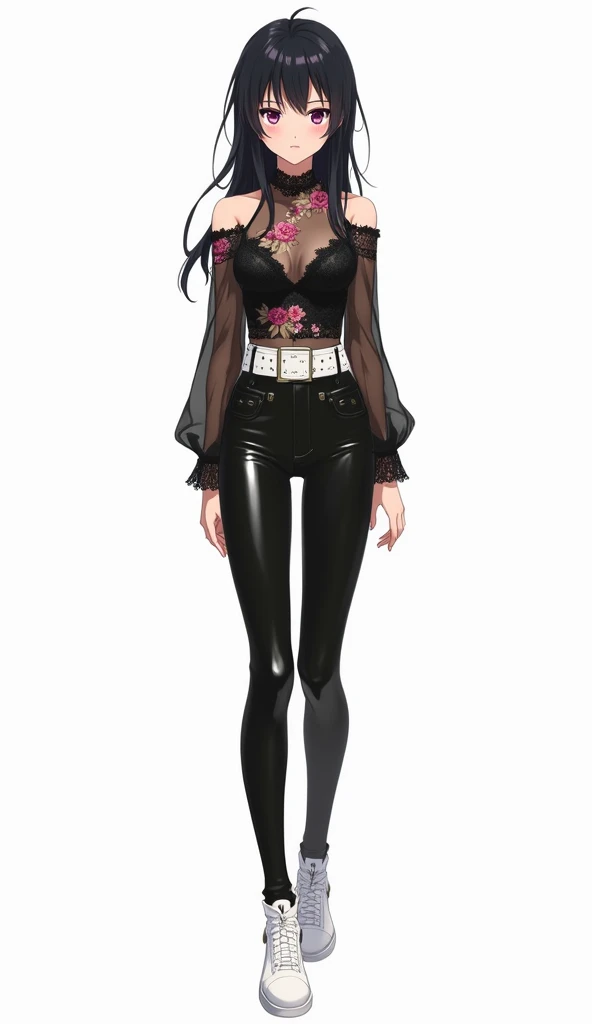 An anime teenage woman wearing a semitransparent black lace blouse, decorated with floral details in shades of pink and beige with bare shoulders.  She wears tight pants made of leather or vinyl material in black color ,  combined with a white belt that hi...