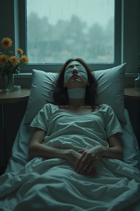  A woman looking tired and wounded ,  lying on a hospital bed , with bands covering part of her face .  The window in the back shows a cold, dark rain .  A table with wilted flowers next to the bed symbolizes abandonment.