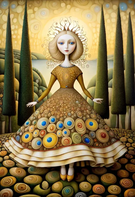 Patchwork por Klimt, nicoletta ceccoli, Naoto Hattori, Lawrence Didier, Leonora Carrington as European Woman, roasted fine, ash blonde hair, light dress.  is on top of a gentle hill from where you can see the sea and the forests of trees of many colors,  s...