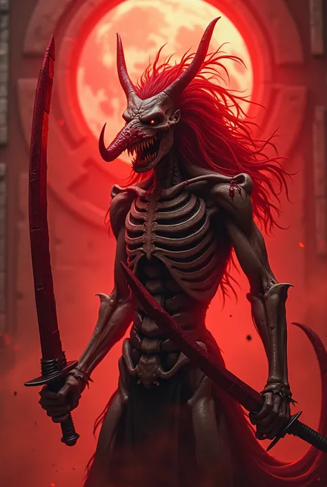 Bloody snout with red hair and two swords with a bright red skeletal shape 